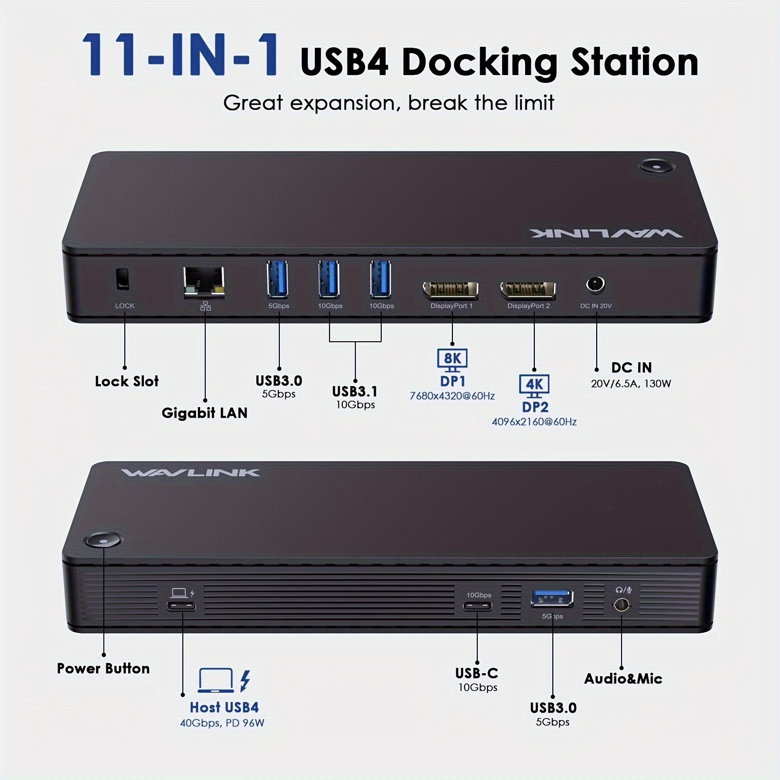 WAVLINK 11-in-1 USB-C ドッキングステーション - デュアル4Kディスプレイ 8K DP 130W PD高速充電 高速USB 3.1|3.0 ギガビットイーサネットなど - Thunderbolt 3|4ラップトップとのプラグ＆プレイ互換