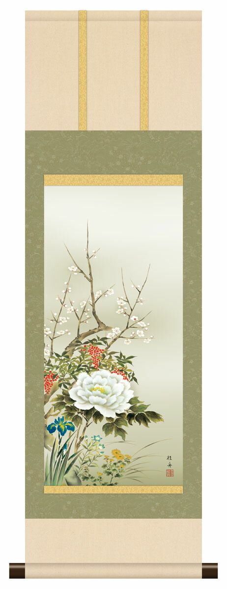 10年保証 掛け軸 ミニ掛け軸 和風 花鳥画 年中掛け 四季花 長江 10年保証 掛け軸 ミニ掛け軸 和風 花鳥画 年中掛け 四季花 長江