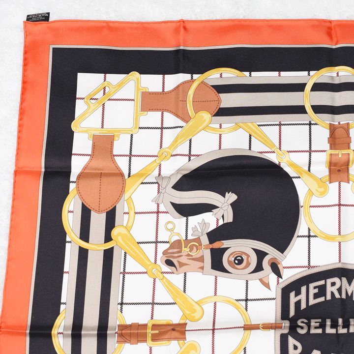 HERMES エルメス カレ90 「タッタソール」ヴァーミリオン 黒 白 シルク