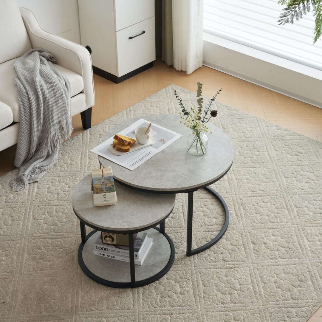 グレー ネストテーブル ローテーブル センターテーブル 大理石柄