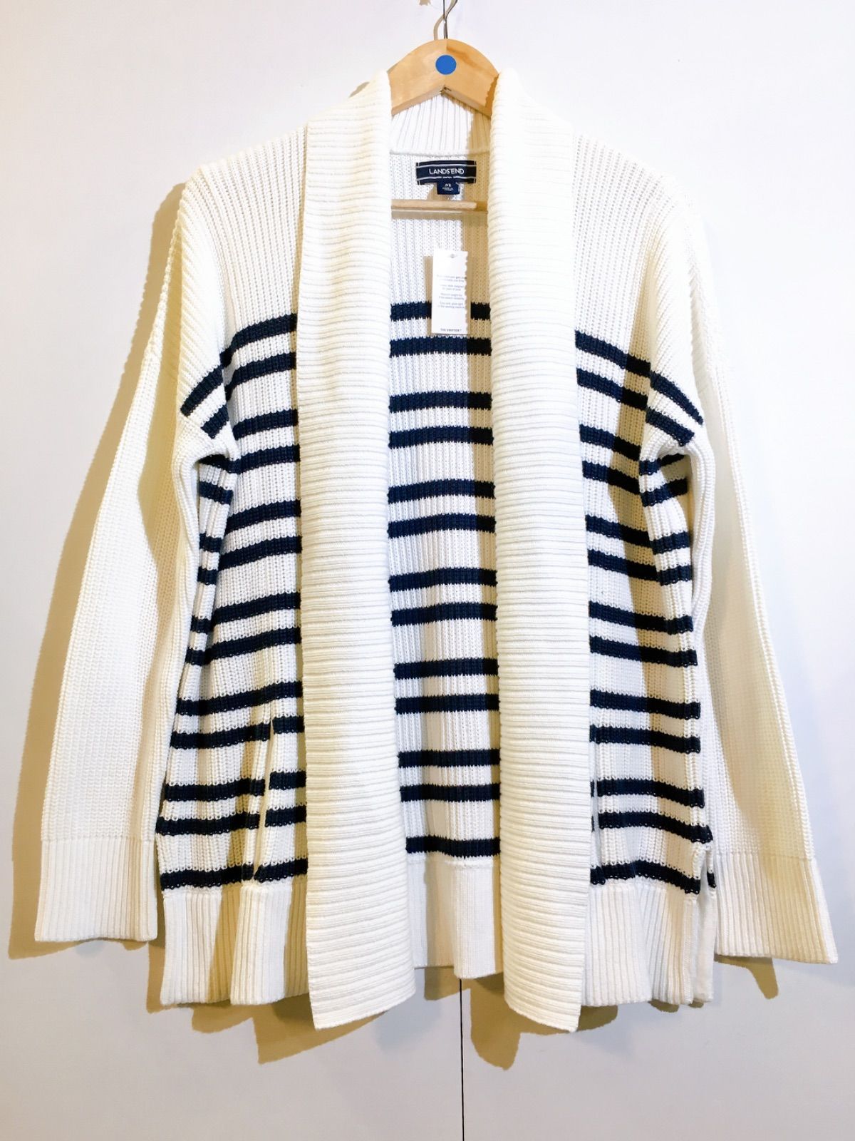 【美品】タグ付き LANDS'END ランズエンド カーディガン 白 ボーダー ニット トップス レディース XLサイズ マカセル 中古
