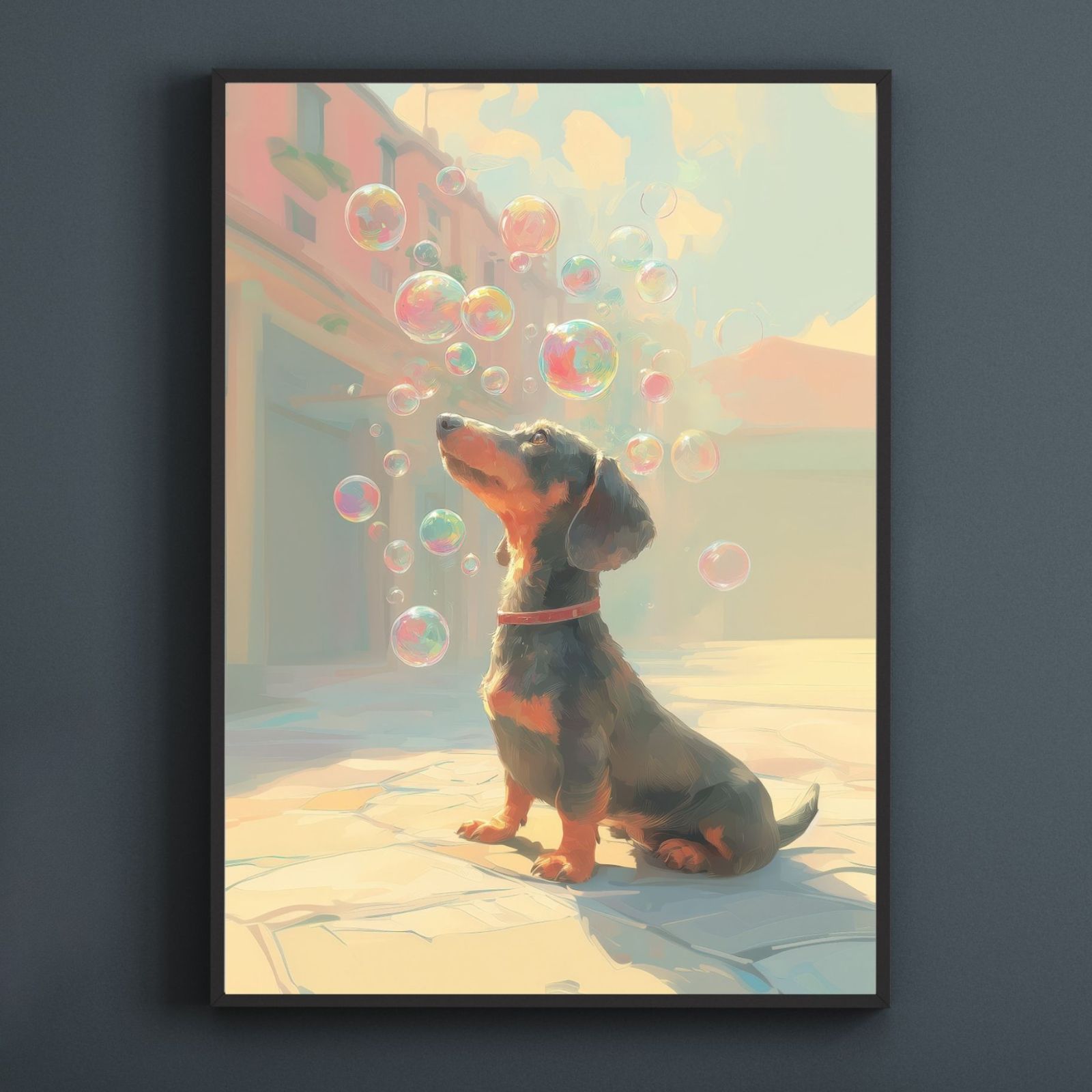 名入れOK 犬とシャボン玉 - ダックスフンド犬 No.3 ブラックタン アートポスター うちの子記念日 ペットロス 北欧 ナチュラル