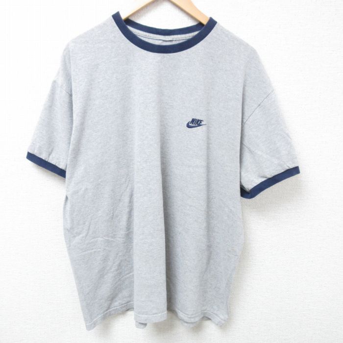 XL/古着 ナイキ NIKE 半袖 ブランド Tシャツ メンズ ワンポイントロゴ 大きいサイズ クルーネック グレー リンガー 霜降り 24aug10 中古