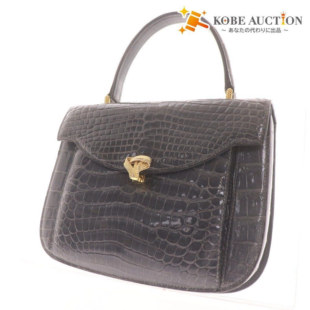 ■ トートバッグ ハンドバッグ 鞄 ワニ革 クロコダイル 金具 マーク レディース ネイビー