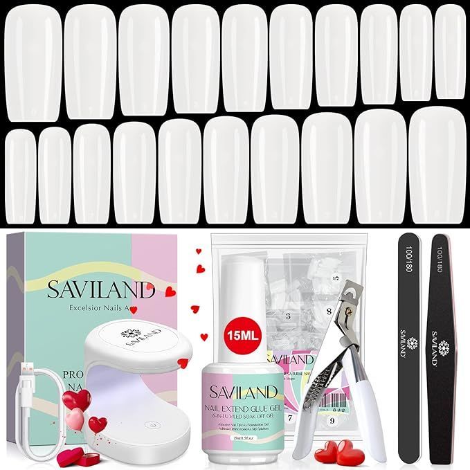 【在庫処分】Saviland ネイルチップキット 500pcsネイルチップ グルージェルキット ソリッドネイルグルー ネイルドライヤー付き 初心者 10
