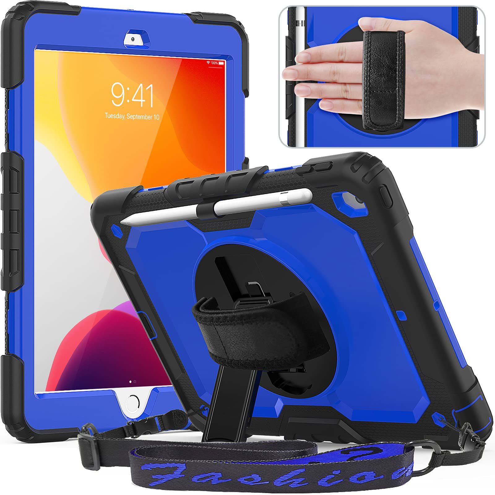  新品 Timecity iPad 10.2 ケース 耐衝撃 iPad 第9世代/第8世代/第7世代 ケース (2021/2020/2019型) 保護フィルム付き 360度回転の折り畳みスタンド ペン収納 肩紐 ハンドストラップ付き 頑丈 落下防止 使い その他