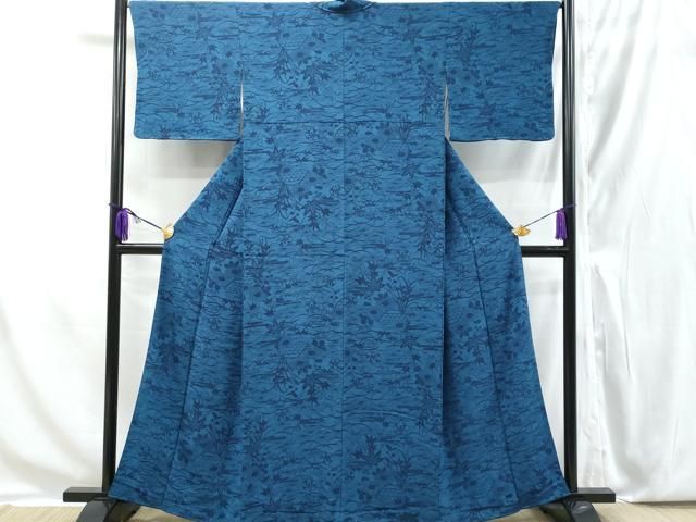 平和屋着物□上質な小紋 本藍 型絵染 籬流水花文 鬼しぼ縮緬