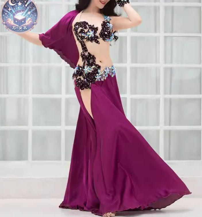 ♥ セール ベリーダンス衣装 上下セット スリーブ付き ブラ スカート パープル