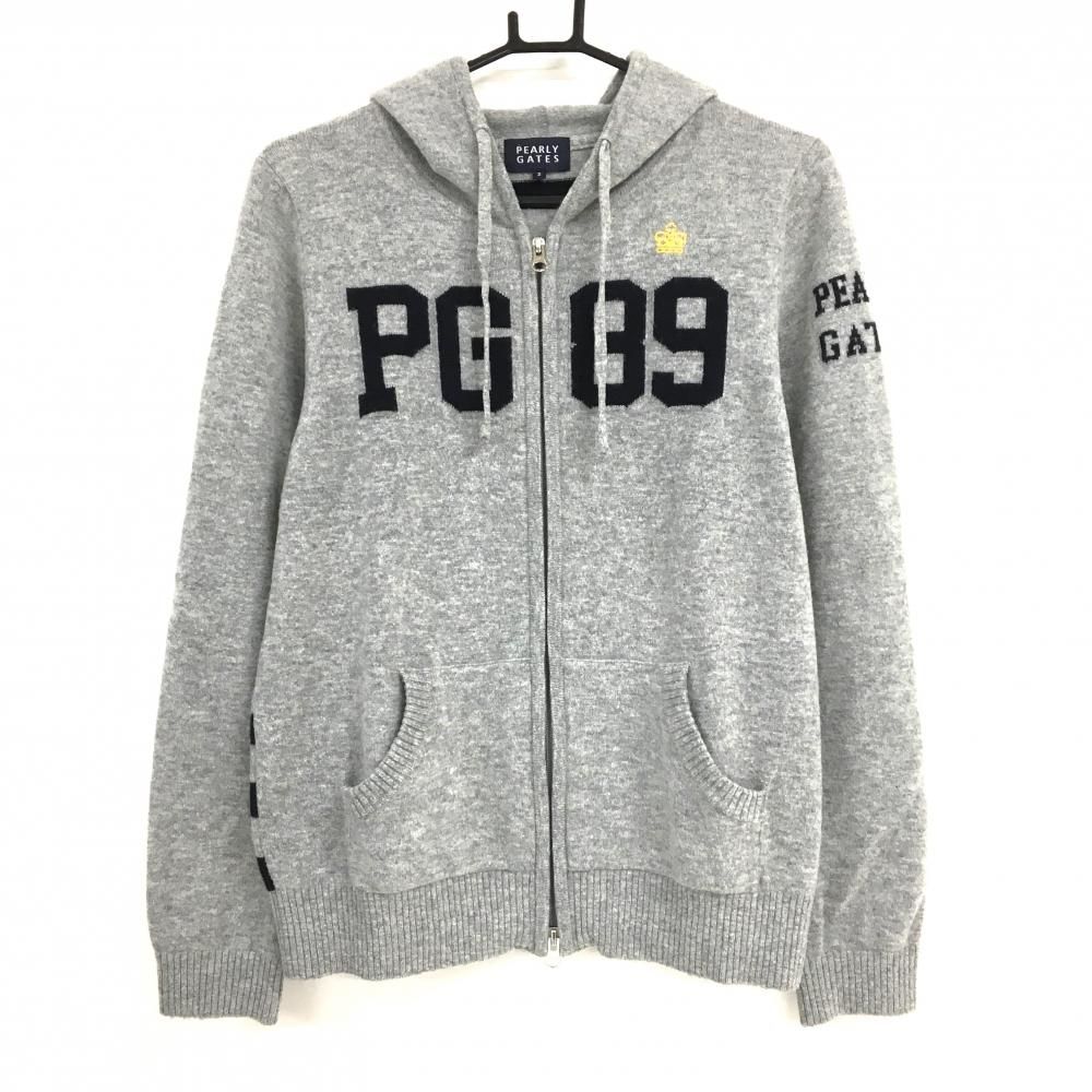 パーリーゲイツ ニットジップパーカー グレー×黒 後ろボーダー カシミア 羊毛混 レディース 2 L ゴルフウェア PEARLY GATES