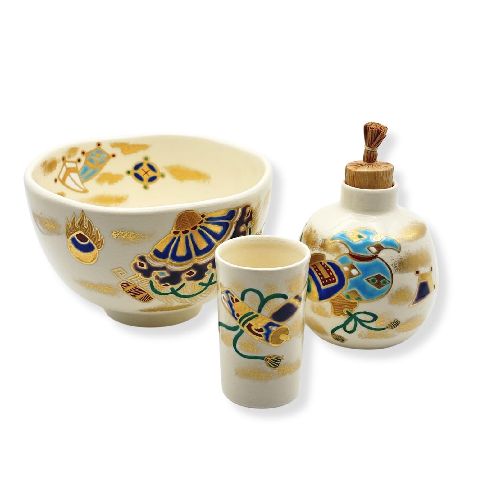 茶道具 三点セット(茶碗・振出・茶巾筒) 仁清 宝尽し 陶器三点揃 茶道 
