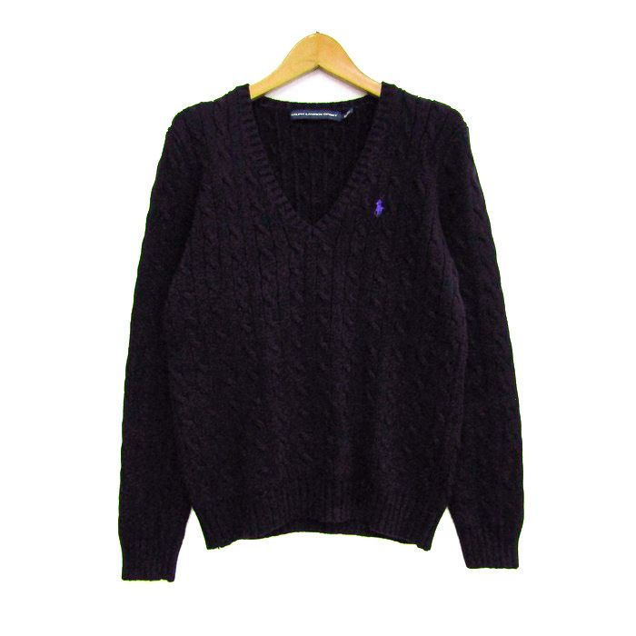 ラルフローレンスポーツ セーター トップス 長袖 Vネック ケーブルニット レディース Mサイズ ブラック RALPH LAUREN SPORT
