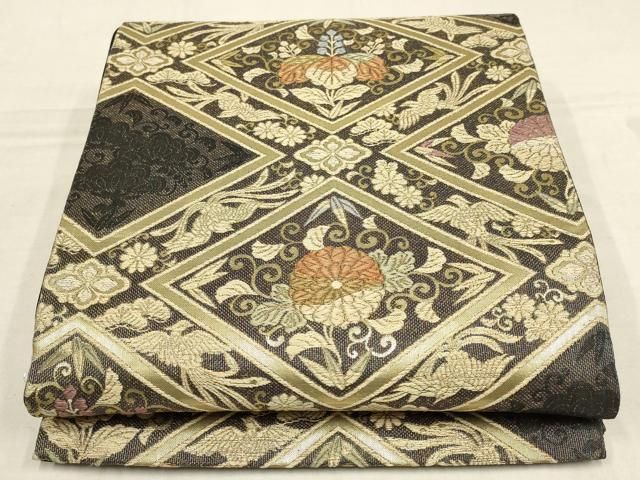 平和屋着物▽六通柄袋帯 唐織 花鳥唐草菱文 黒地 金糸 正絹