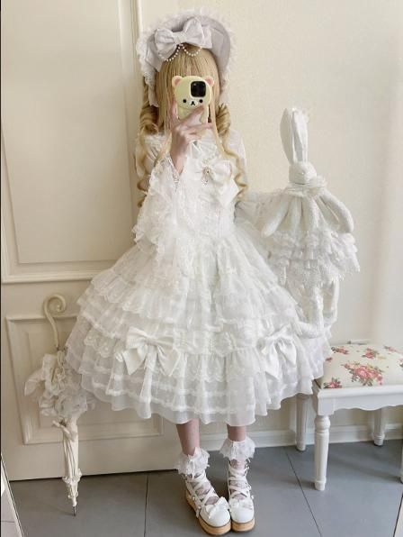ロリータドレス JSK吊りスカート 多層レース&リボン装飾 ドール風 甘ロリ 豪華デザイン 撮影会 推し活 イベント用 プレゼントにも最適 ホワイト 冬用 2025