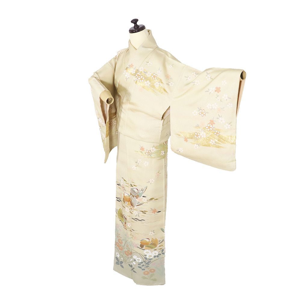 訪問着 袷 正絹 ベージュ ピンク 緑 暈し 銀糸通し オシドリ 桜 草花