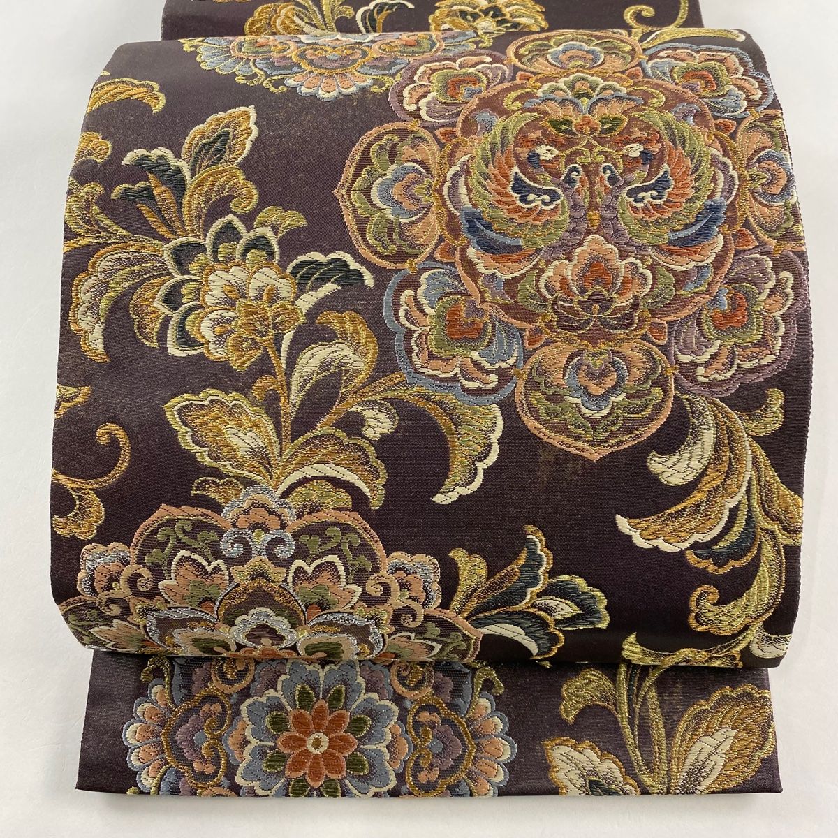 袋帯 金糸 銀糸 華紋 美品 唐織り 銀通し 華紋 鳳凰 袋帯 正絹 唐花 金糸 白 紫 赤 青緑