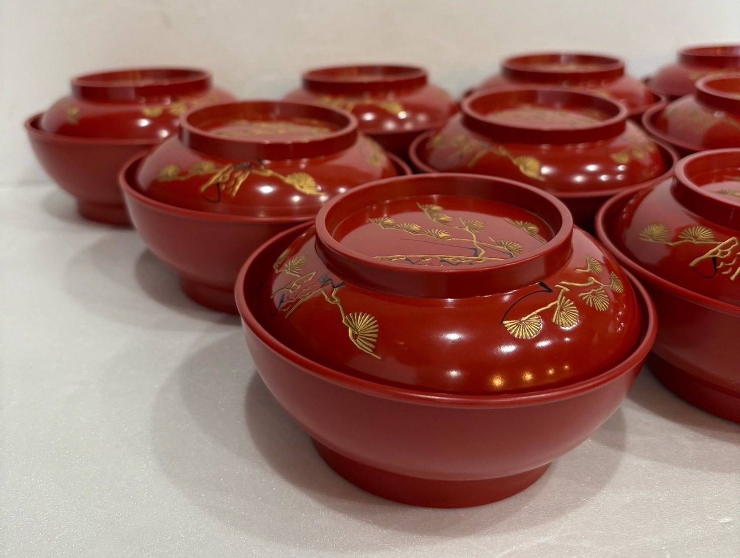 かし椀セット 10客 沈金 朱塗り 朱 松 蓋付き汁物椀 昭和レトロ