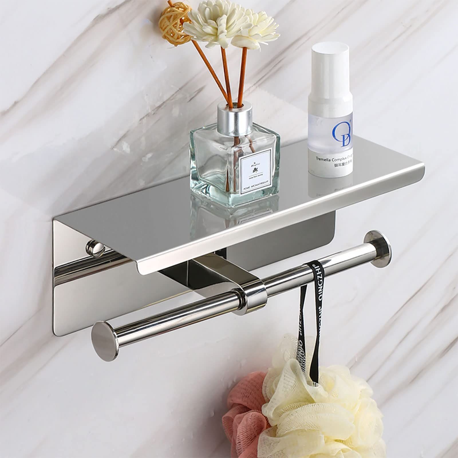  WXVOVXW トイレットペーパーホルダー 2連 トイレっとペーパーホルダー ペーパーホルダー トイレ 棚付き 紙巻き スマホや小物などが置ける棚板付き 太巻き 芯なし 対応 簡単設置 工事不要 マンション 戸建て 賃貸 インテリア DIY ステ トイレットペーパーホルダー トイレ用品