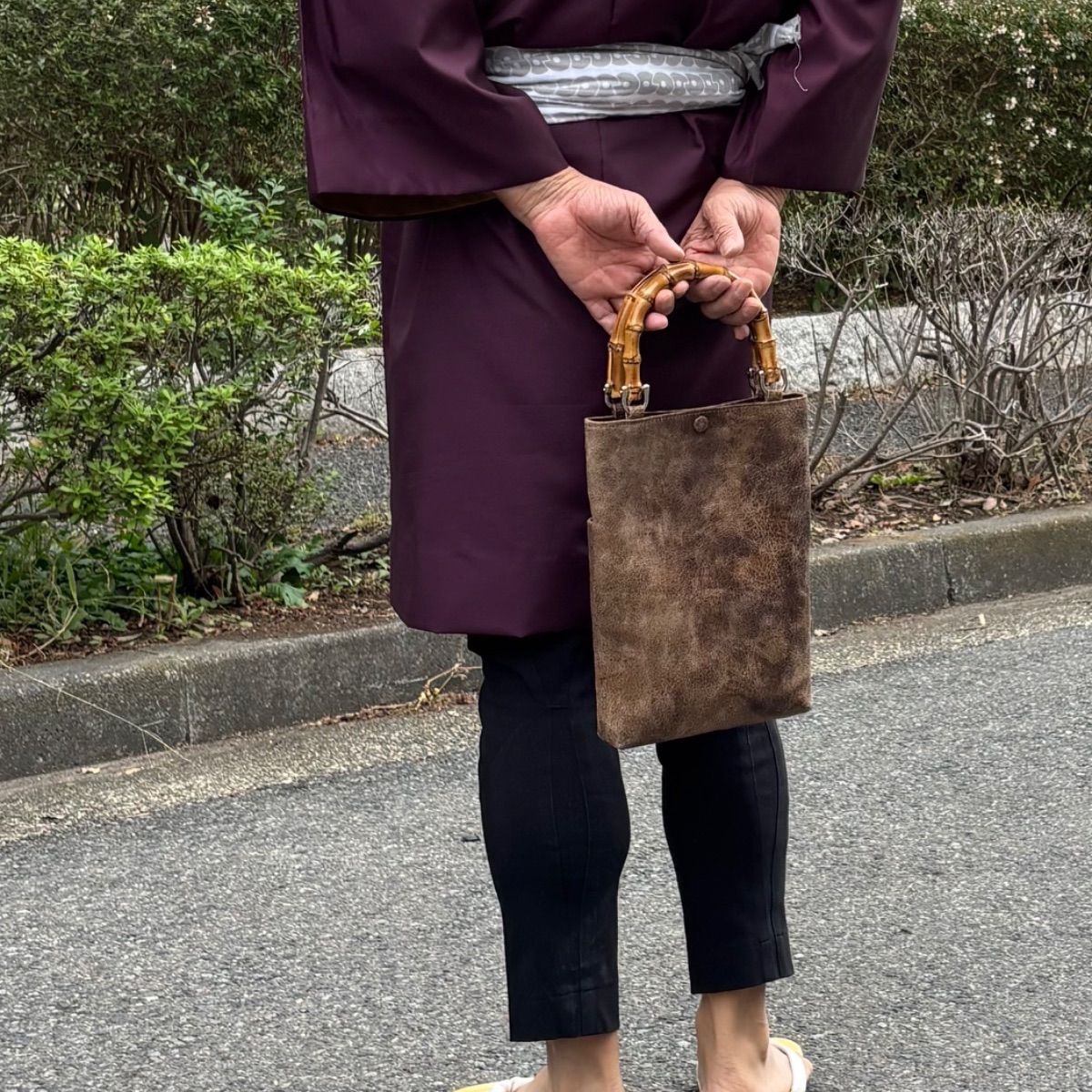 本革バンブー手提げ クラック加工 茶系 合切袋 お祭り お神輿 トート 