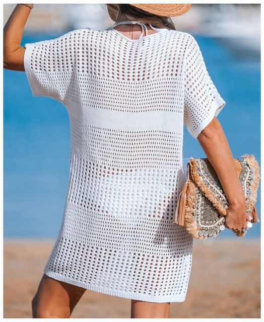 カップシー レディース ワンピース トップス Women s Crochet Short Sleeve Cover-Up Mini Beach Dress White