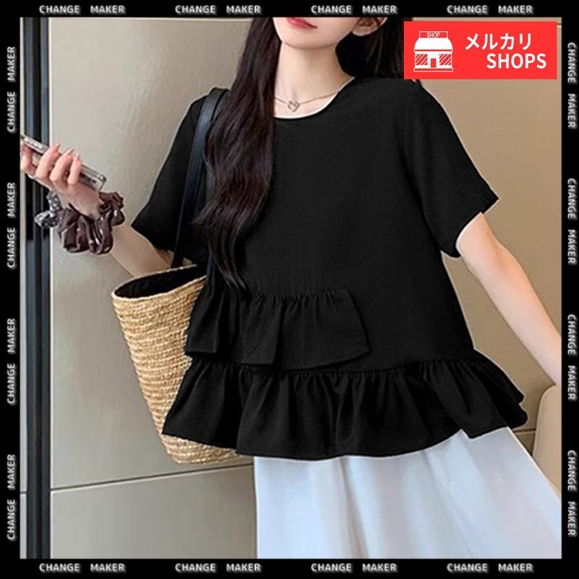 tシャツ 「体型カバー」フリルギャザートップス「SUM1 STYLE(スミスタイル)」 レディース ear PAPILLONNER tシャツ 「体型カバー」フリルギャザートップス