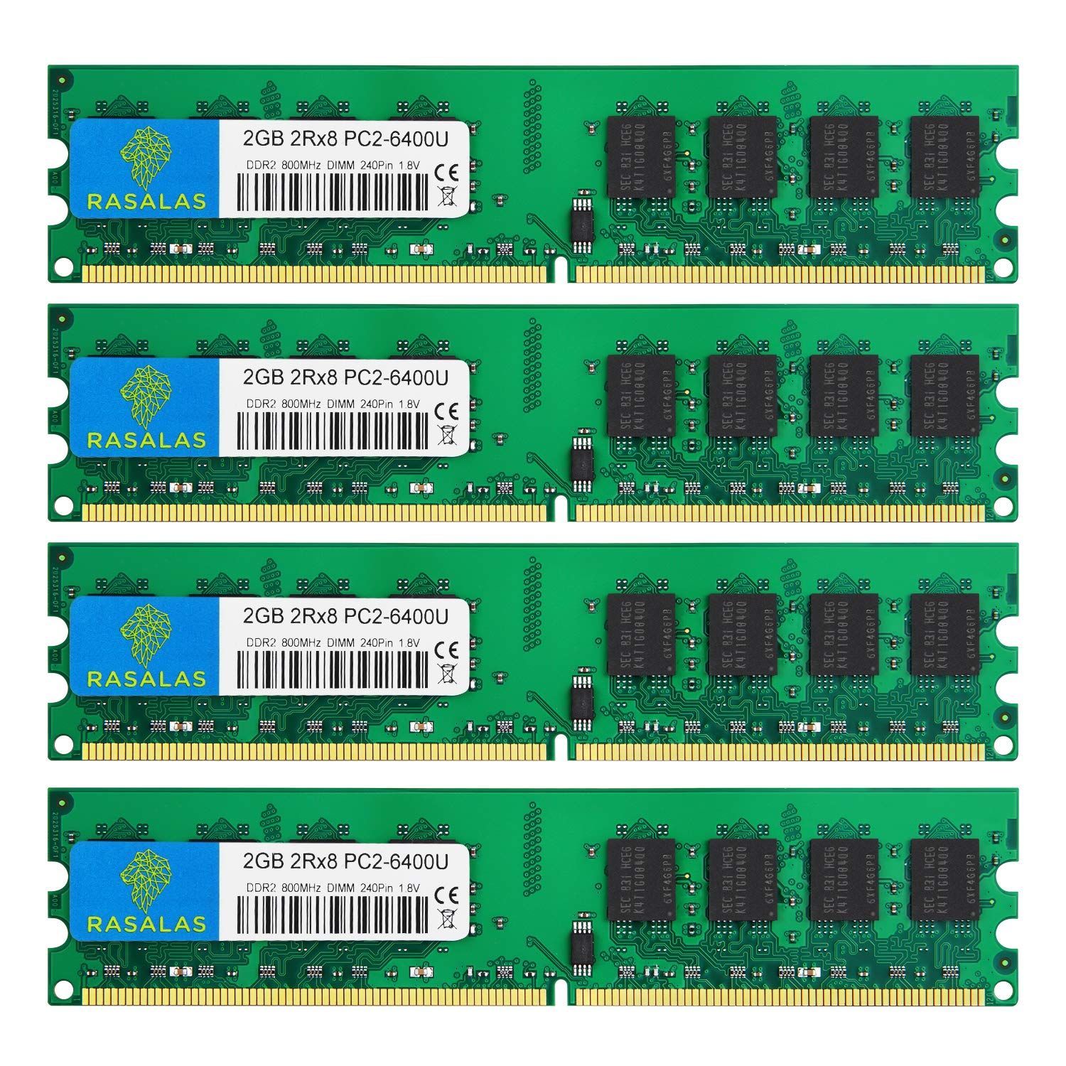 新品 Rasalas DDR2 800 PC2-6400 4枚x2GB DDR2-800 Udimm 2Rx8 1.8V CL6 Non-ECC デスクトップ・コンピュータメモリー