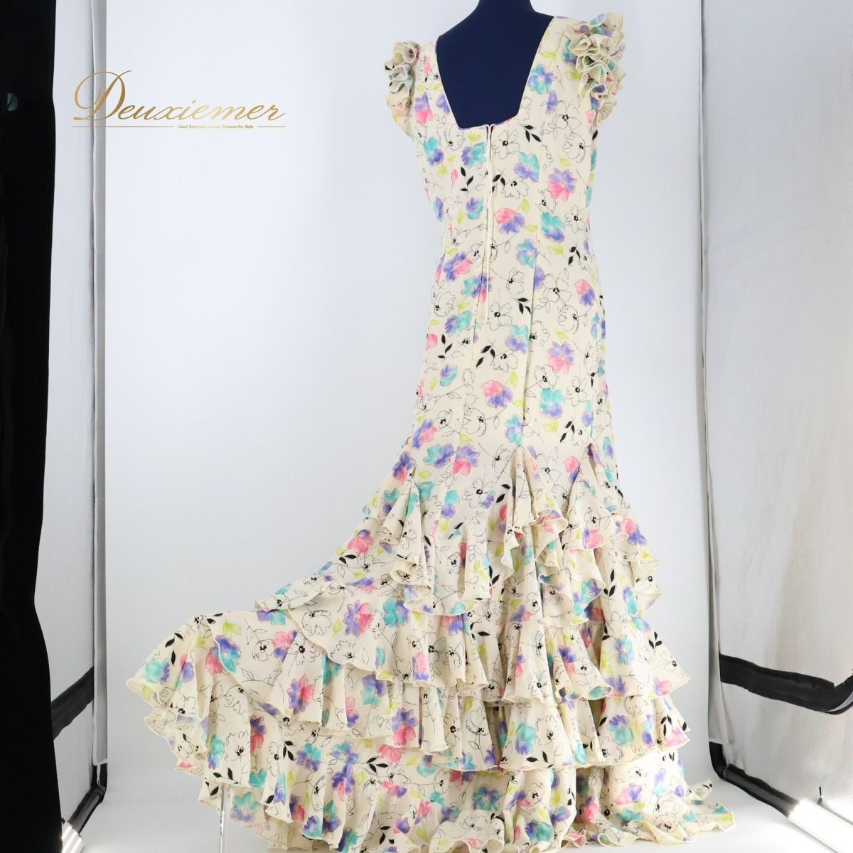【美品 スペイン製 フラメンコ衣装】アイボリー RONEY ルーニー ワンピース ドレス 花柄 ボランテ フリル レース 水色 ピンク 美品 スペイン製 フラメンコ衣装】アイボリー RONEY ルーニー