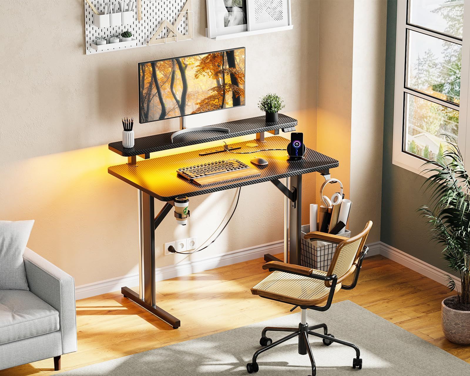 LEDライト付き ゲーミングテーブル PCデスク 炭素繊維天板 ゲーミングデスク モニター台付き パソコンデスク フック付き コンセント付き MOTPK ゲーミング机 ゲームデスク 幅80cm 奥行50cm 高さ75cm ブラック MARWIL-DEMENAGEMENTS_CH