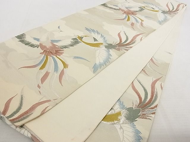 袋帯 銀通し 金彩 手描き 鳳凰 鳥 桐 正絹 六通 Q1166 袋帯 銀通し 金彩 手描き 鳳凰 鳥 桐 正絹 六通 Q1166 袋帯 銀