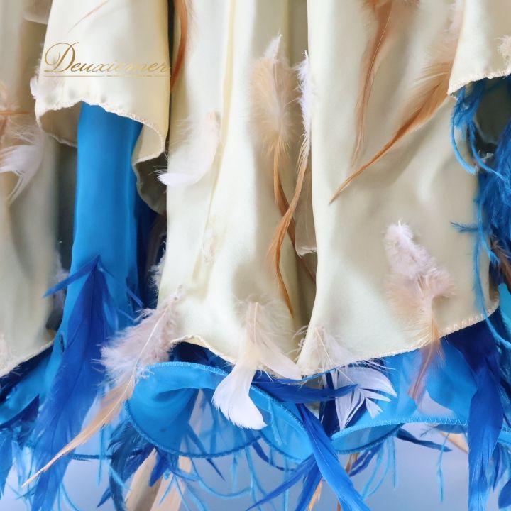 社交ダンス 衣装 タカダンス TAKADANCE ドレス ドレス ワンピース フロート ゴールド系 ベージュ系 フロート 青 羽 金 感 豪華 ダンス衣装 競技用ドレス パーティードレス 美しいデザイン 鮮やか 色合い