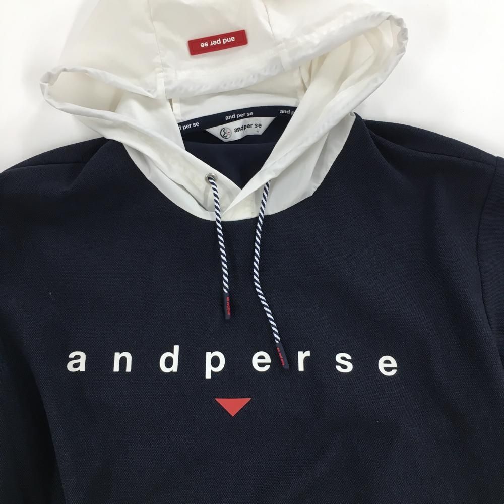 アンパスィ フード付き半袖シャツ ネイビー×白 パーカー 切替素材