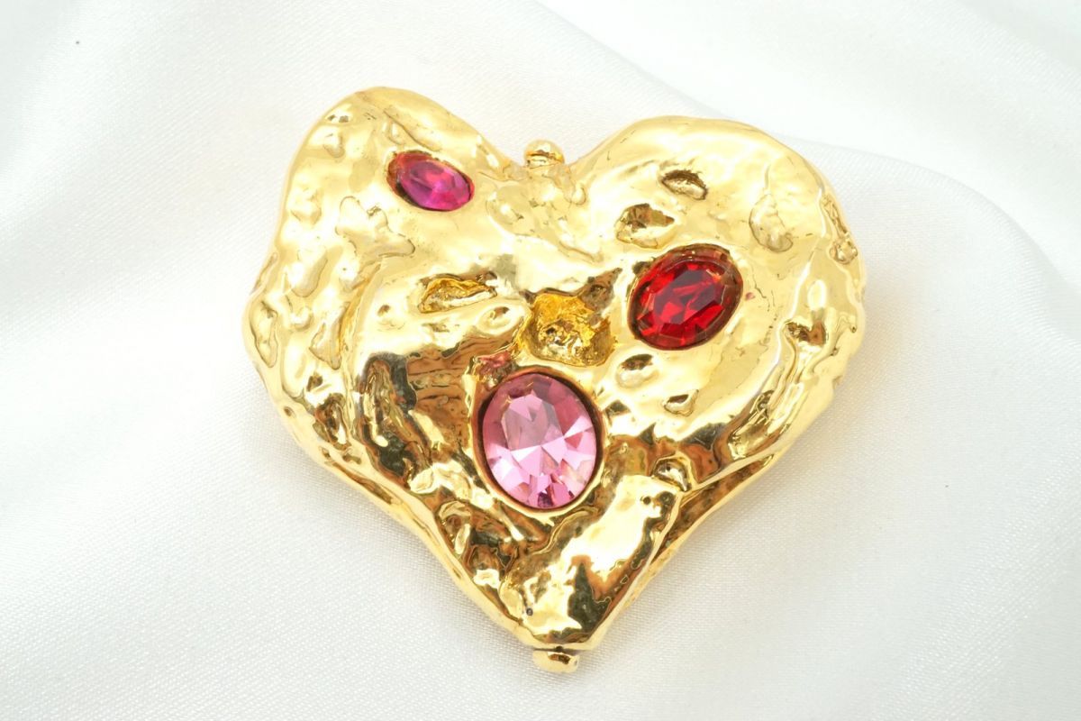イヴ サンローラン ヴィンテージ ハートブローチ カラーストーン アクセサリー YSL ジャケット 金 ゴールド Yves Saint Laurent 3941j
