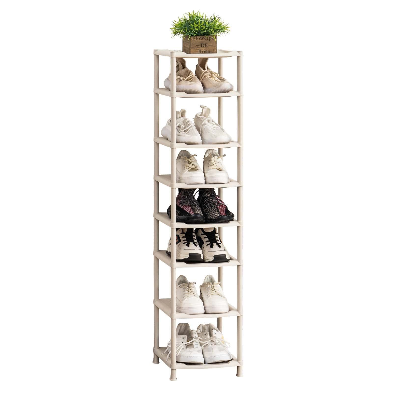 靴入れ(ベージュ・8段・26x33x112cm) 下駄箱 靴箱 アパート用 クローゼット 廊下 玄関 狭い トレー 滑り止め 斜め置き ポリプロピレン製 コンパクト タワー 靴置き 組み立て式 大容量 省スペース