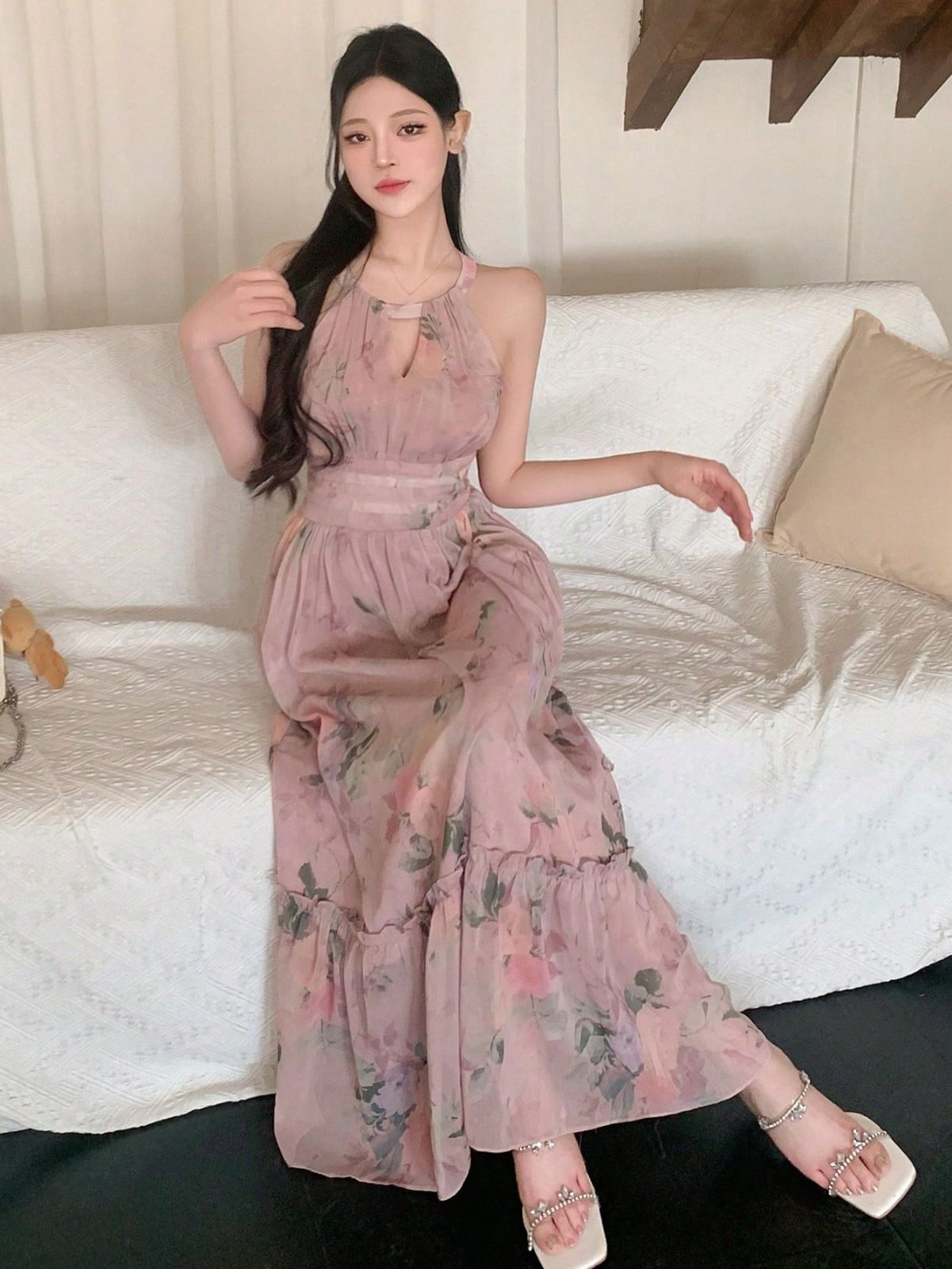   ホルターネック フローラルプリントシフォンドレス cd-k05964t.jpg