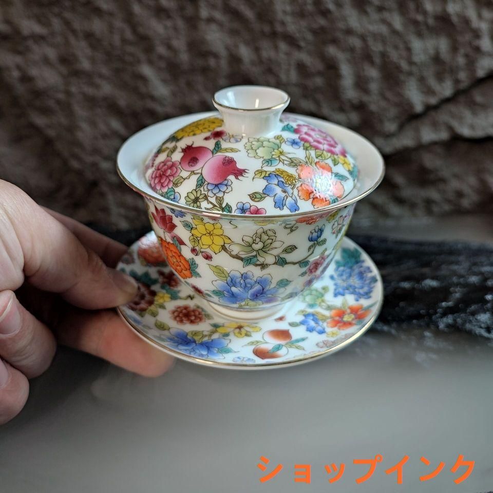 中国茶器 景德鎮 五色松鶴献寿図三才蓋碗 茶碗 新品未使用 中国茶器 景徳鎮 皮球花 蓋碗 ティーセット 蓋付き 毬柄 - メルカリ
