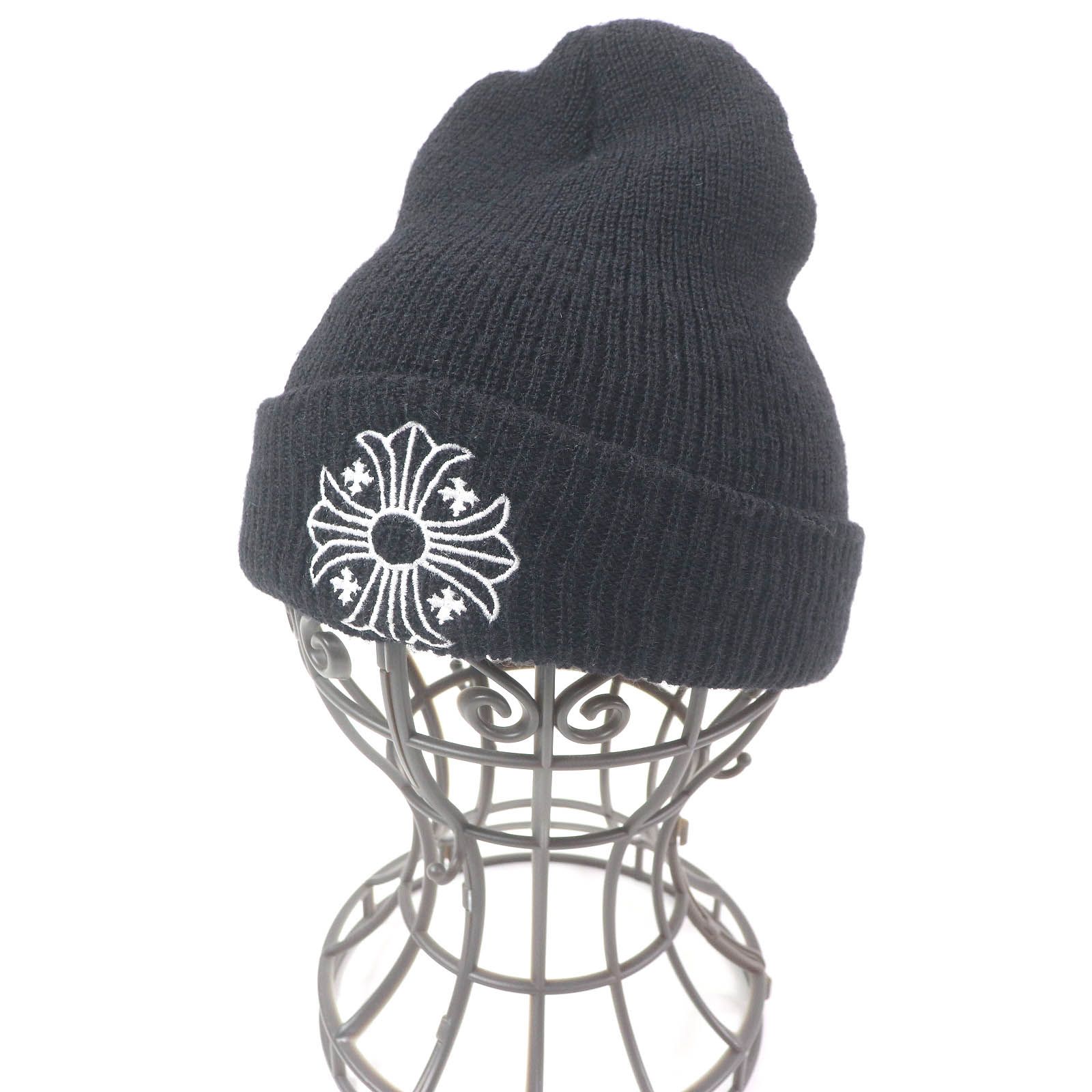 □CHROME HEARTS クロムハーツ ウール100％ CHプラス エンブロイダリー 刺繍 ニットキャップ ビーニー ブラック 23cm メンズ