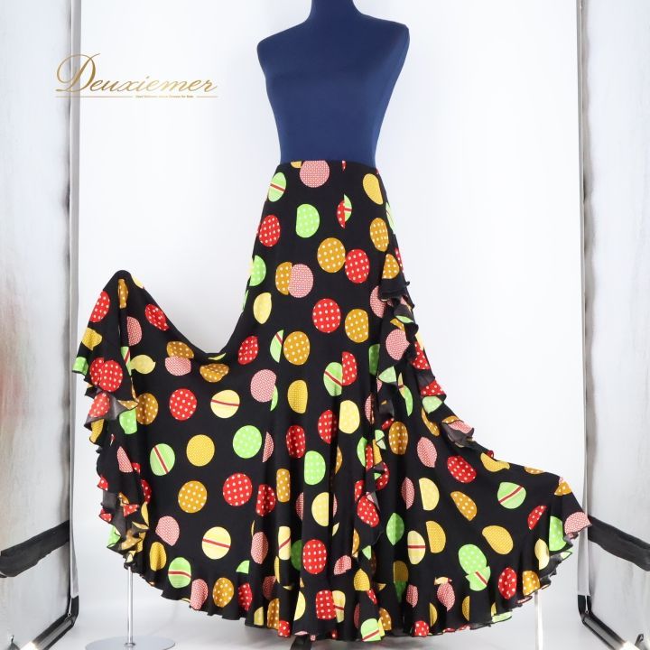 フラメンコ 衣装 ソニアジョーンズ SONIA JOHNES ファルダ スカート 黒 水玉 ドット 黄色 オレンジ 赤 ボランテ フリル 緑 ブラック系 イエロー系 オレンジ系 ドット柄 フリル付き おしゃれ かわいい ダンス衣装 エレガント