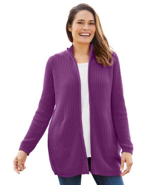 送料無料 ウーマン ウィズイン レディース ニット セーター アウター Plus Size Zip Front Shaker Cardigan Plum purple