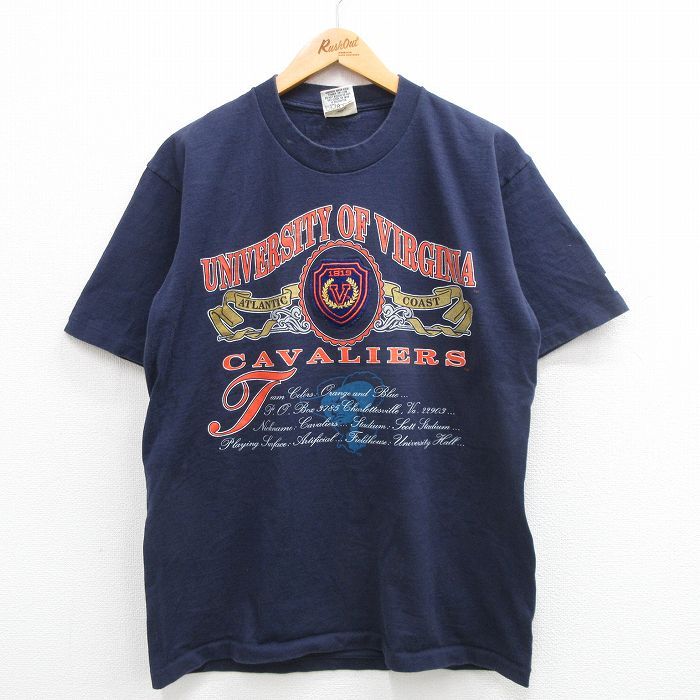 M/古着 半袖 ビンテージ Tシャツ メンズ 90s バージニア 大学 コットン クルーネック 紺 ネイビー 24may17 中古