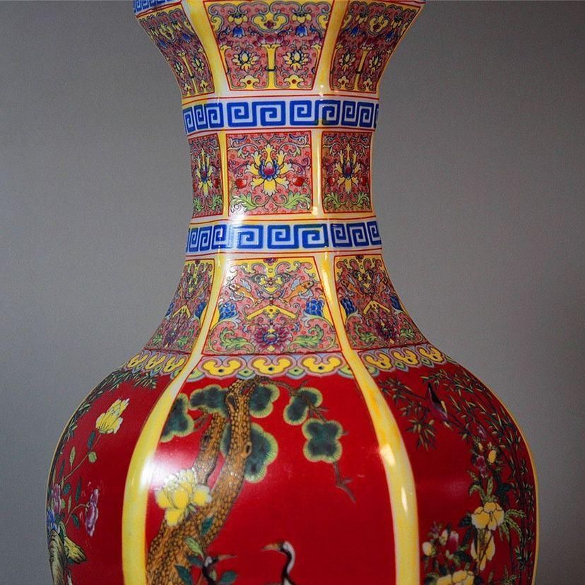 蒔絵琺瑯の六方花瓶 景徳鎮 陶磁器 装飾品 現代工芸品 美術品