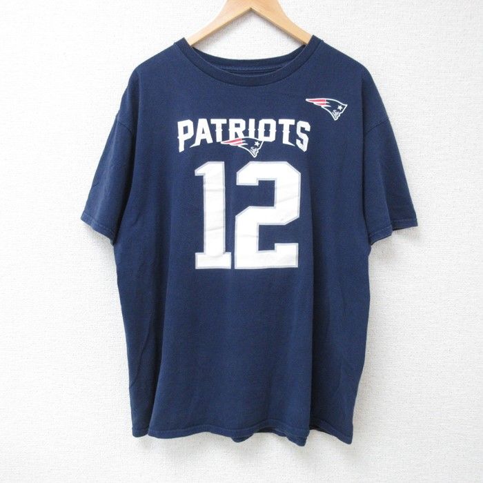 XL/古着 半袖 Tシャツ メンズ NFL ニューイングランドペイトリオッツ トムブレイディ 12 大きいサイズ クルーネック 紺 ネイビー アメフト 