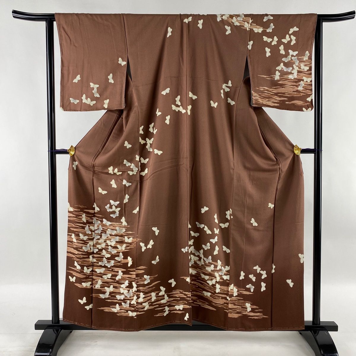 付下げ 美品 秀品 蝶々 霞 金彩 赤茶 袷 身丈160cm 裄丈64.5cm M 正絹