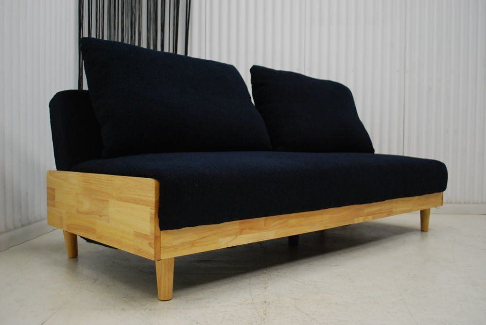アウトレット 現品限り 一部 大 高品質 ソファーベッド もこもこファブリック 布製 ネイビー 木ラインデザイン 240723