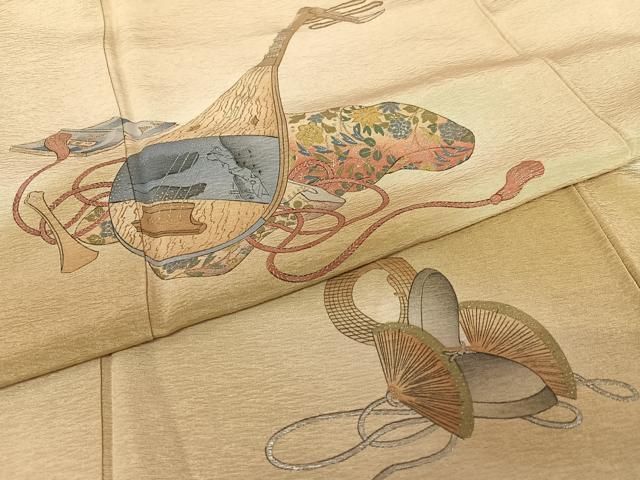 平和屋着物●友禅師・京の名工・伝統工芸士・樽本伊勢蔵　訪問着　手描き　人物風景文　暈し染め　金彩　正絹　逸品　AABD0978ph 平和屋着物○友禅師・京の名工・伝統工芸士・樽本伊勢蔵 訪問着 楽器文