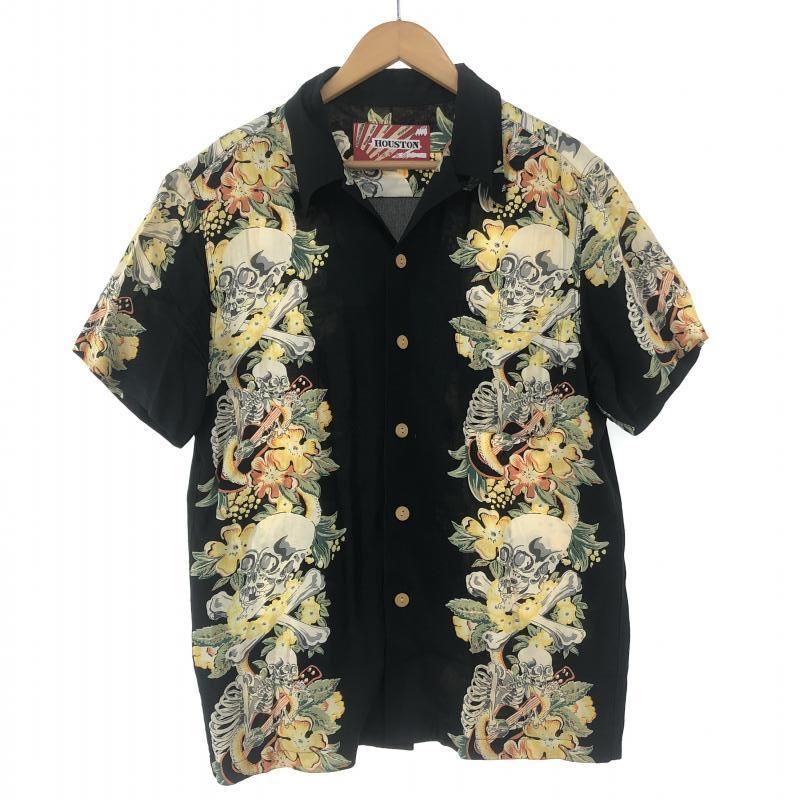 HOUSTON アロハシャツ 髑髏 スカル ギター ハイビスカス レーヨン BK 中古】HOUSTON スカルギター柄 アロハシャツ L ブラック