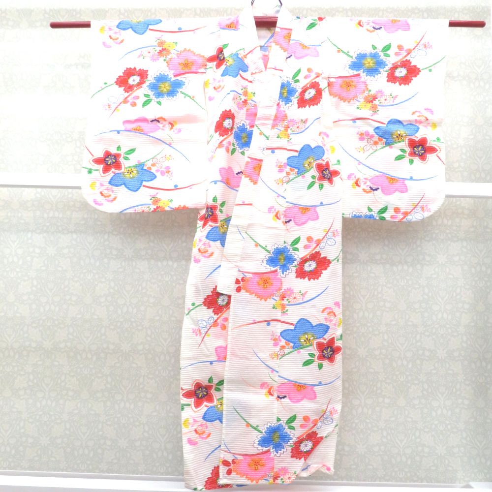 浴衣 子供ゆかた 女の子用 綿 リップル生地 白色 蛍光カラー 花 夏用 夏物 女児