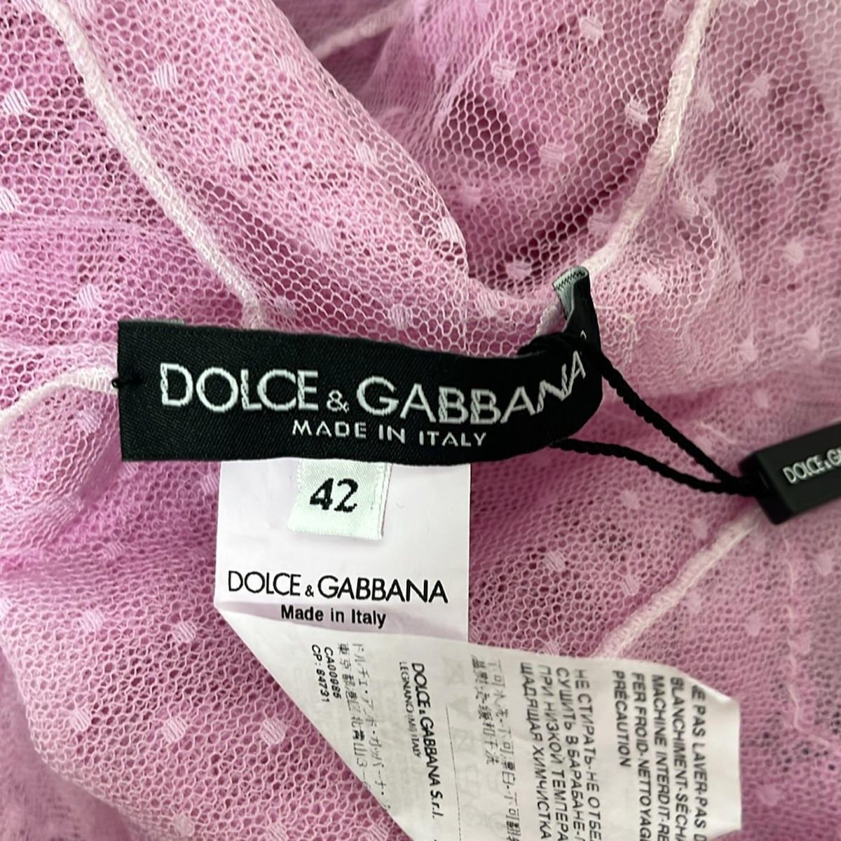 DOLCE-GABBANA ドルチェアンドガッバーナ 半袖カットソー サイズ42 M レディース - ピンク チュール レース ドット柄 フラワー 花 半袖(Tシャツ) Tシャツ カットソー