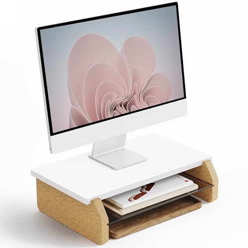 ホワイト_42cm Fenge 机上台 モニター台 パソコン台 モニタースタンド 42cm横幅 木製天板 二段式PC台卓上 パソコンスタンド デスクトップ用 机上 机上ラック 机上台 pcモニター台 パソコンラック 