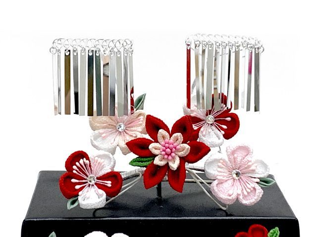 七五三 髪飾り 3点セット 7歳 つまみ細工 髪飾り 勝山セット「紅白、梅