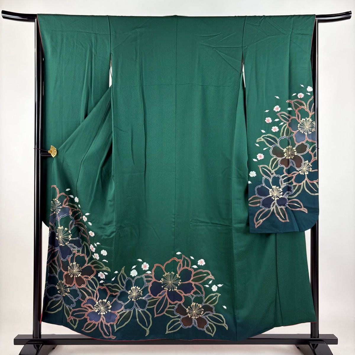 振袖 身丈155cm 裄丈64.5cm M 袷 草花 花びら 金彩 ぼかし 緑 正絹 秀