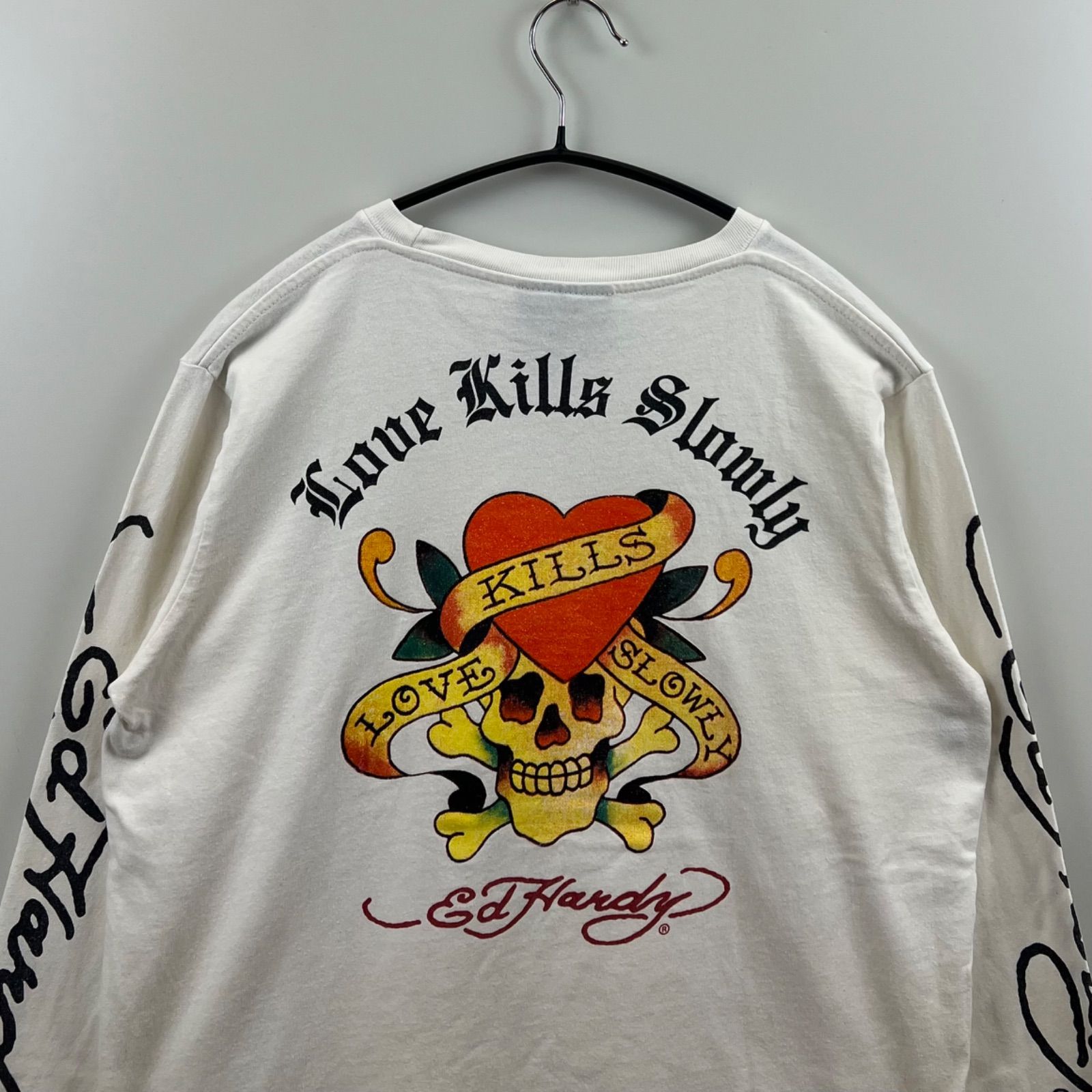 00s 90s スカル 骨 プリント長袖カットソー ロンt ED HARDY archive back skull print L/S Tee L エドハーディー